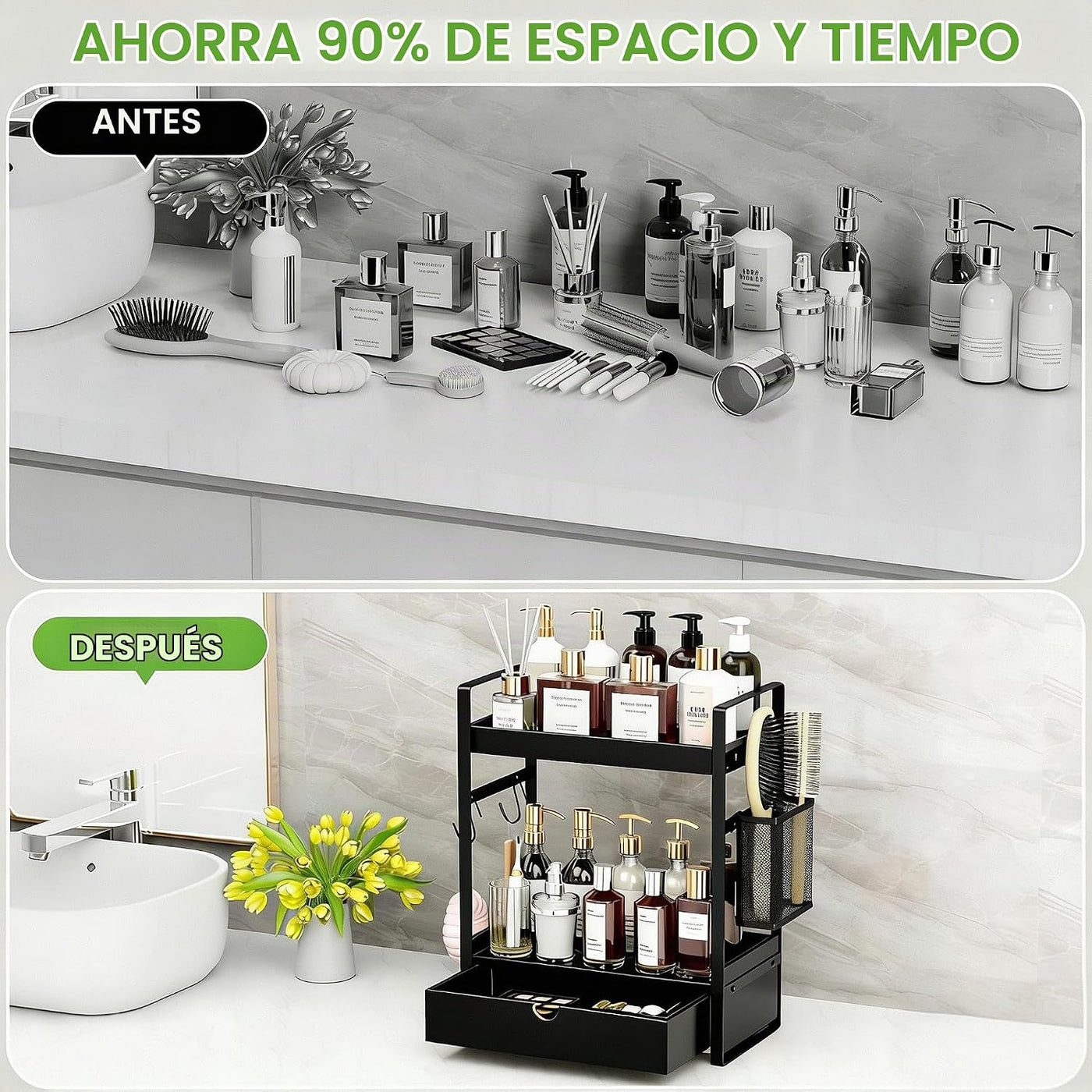 Organizador de encimera de baño de 2 niveles con cesta de cajón y g...