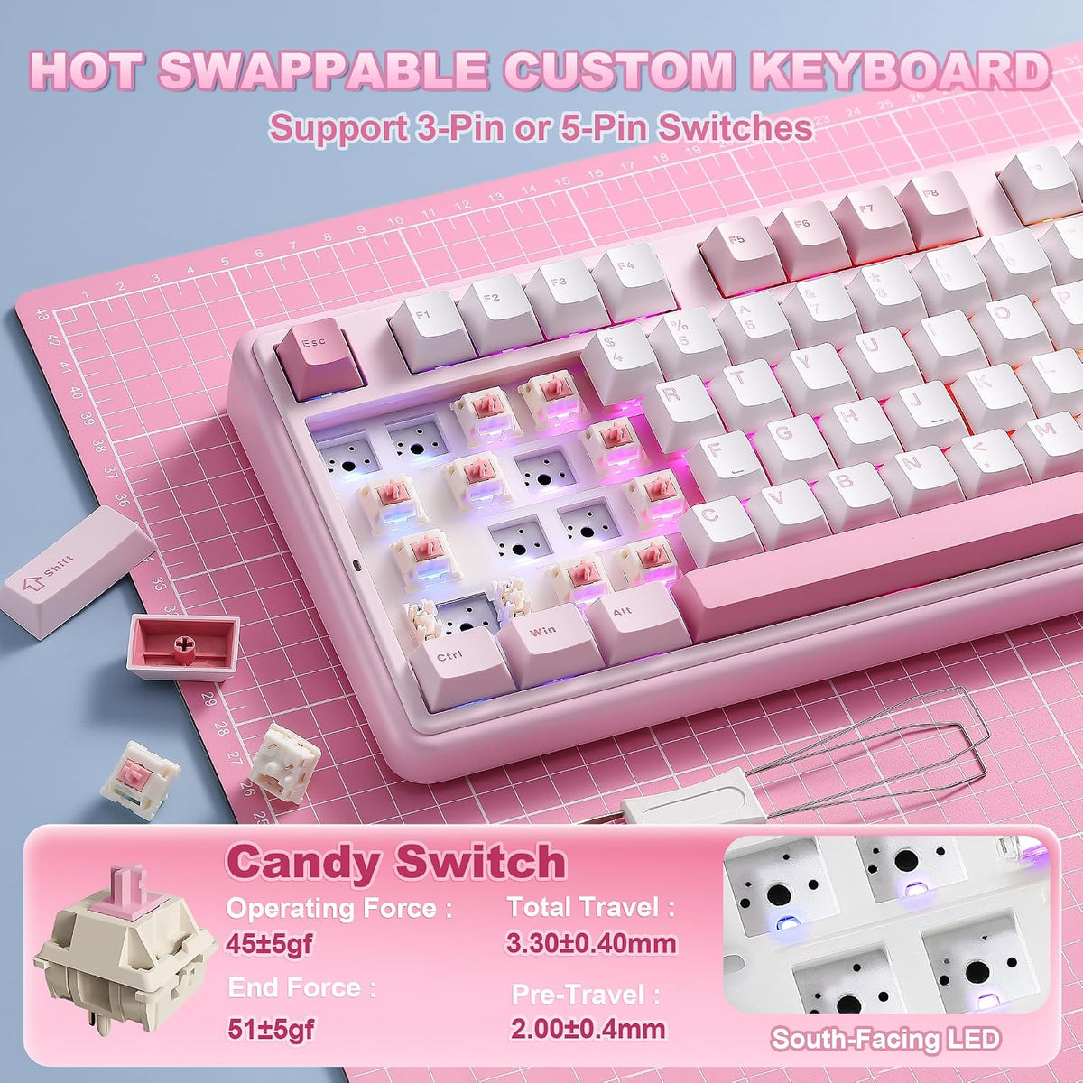 YUNZII Teclado mecánico inalámbrico B98 PRO 96% (rosa, interruptor...
