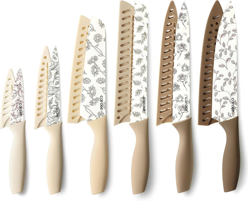CAROTE Juego de cuchillos de cocina, 6 cuchillos florales con 6 pro...