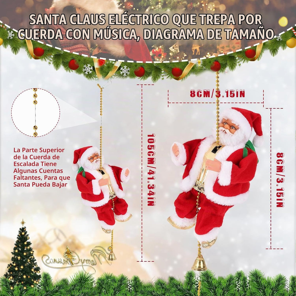 Gfilay Juguete animado de Papá Noel trepador con música y movimient...