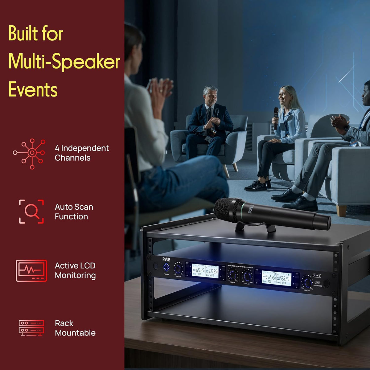 Pyle Sistema de micrófono inalámbrico UHF de 4 canales con 3 micróf...