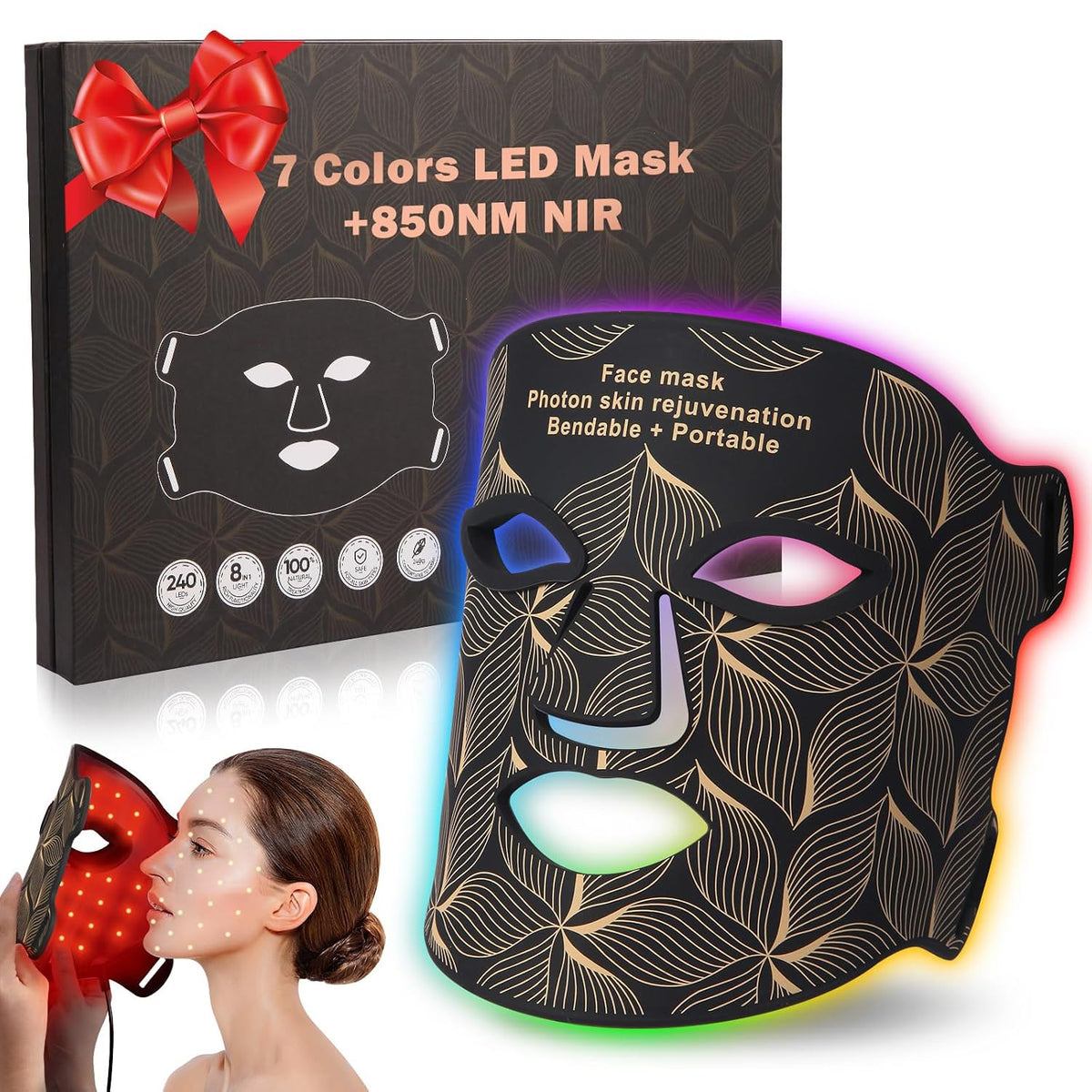 biuufish Terapia de luz roja para la cara, máscara facial LED de 8...
