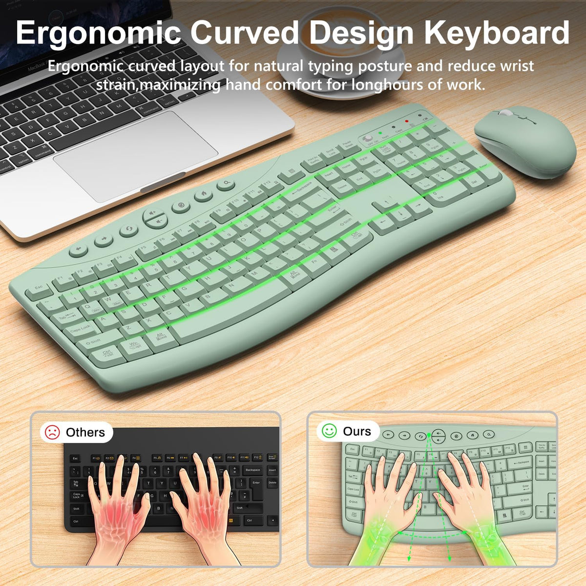 Combo de teclado y mouse inalámbricos, teclas curvas ergonómicas si...