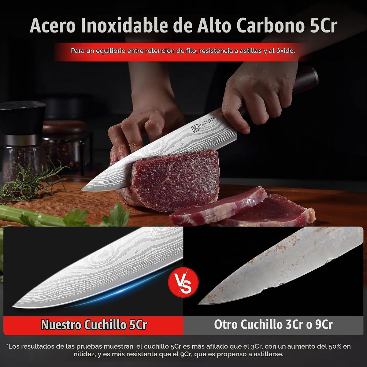 PAUDIN Cuchillo de chef, cuchillo de cocina afilado de acero inoxid...