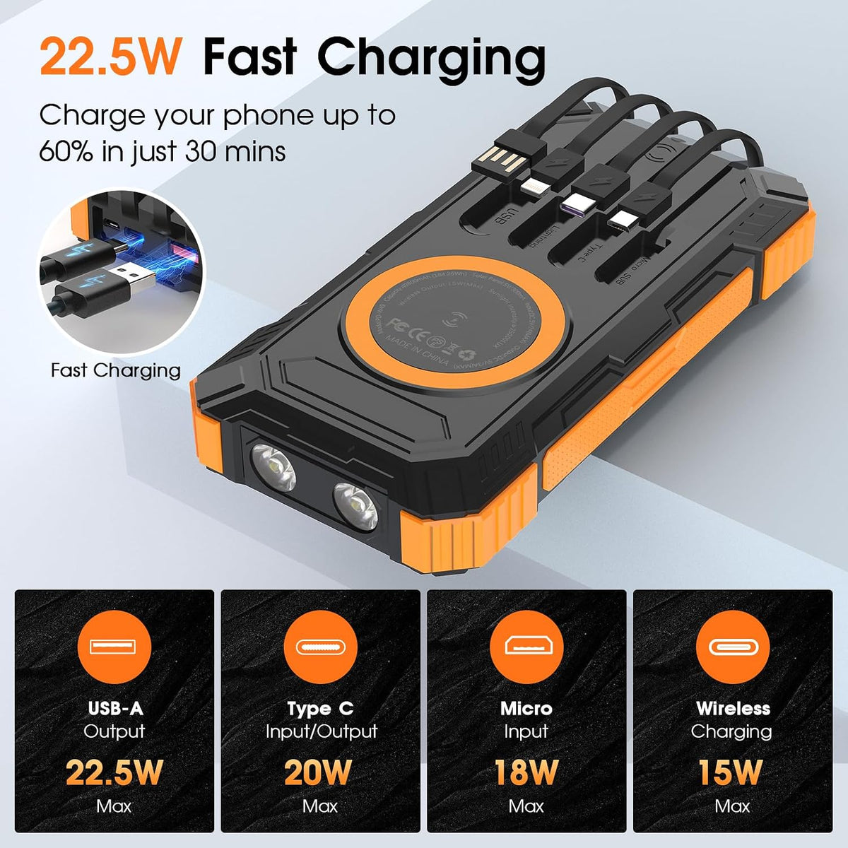 Banco de energía solar, cargador de teléfono portátil inalámbrico d...