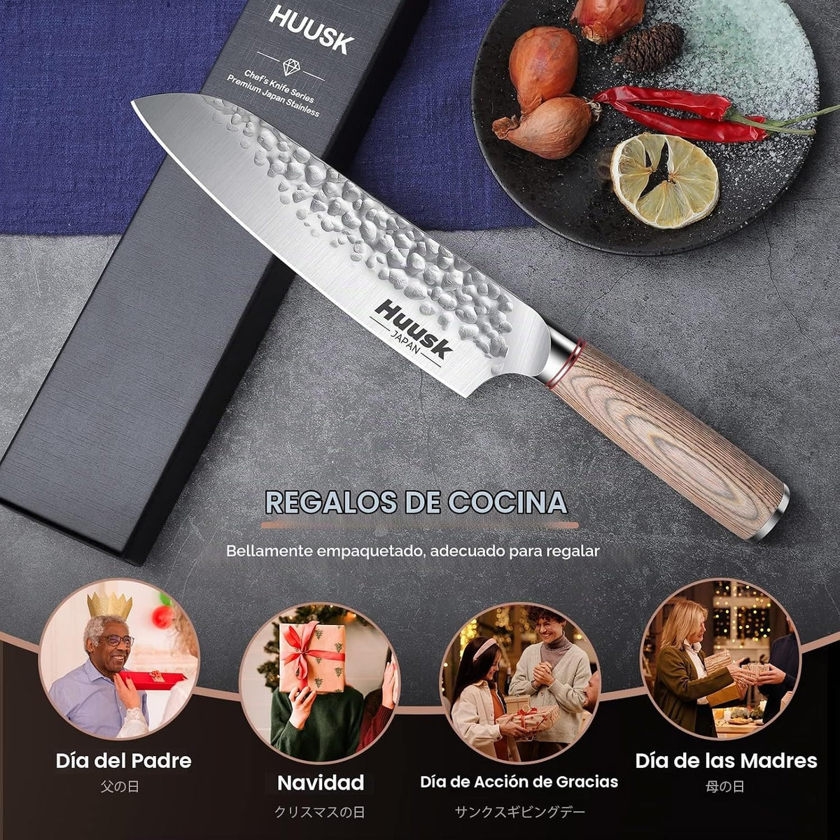 Huusk - Cuchillo de chef japonés para cocina, cuchillo Santoku de a...
