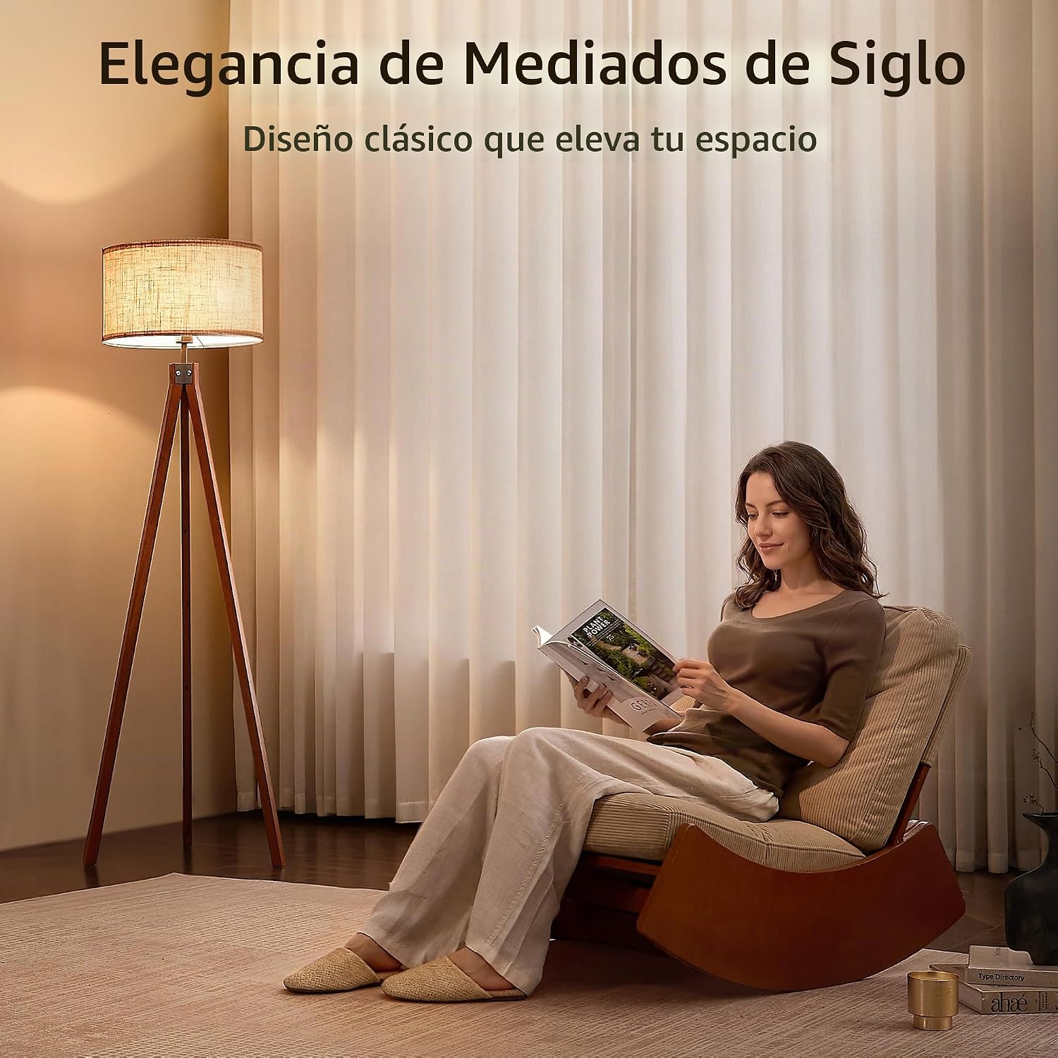 LEPOWER Lámpara de pie trípode de madera, lámpara de pie de mediado...