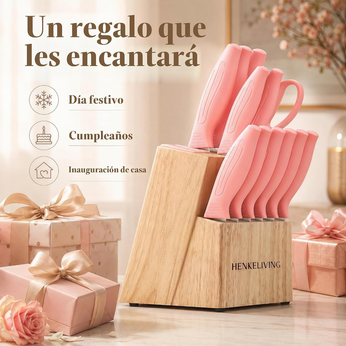 HENKELIVING Juego de cuchillos de 14 piezas, bloque de afilador int...
