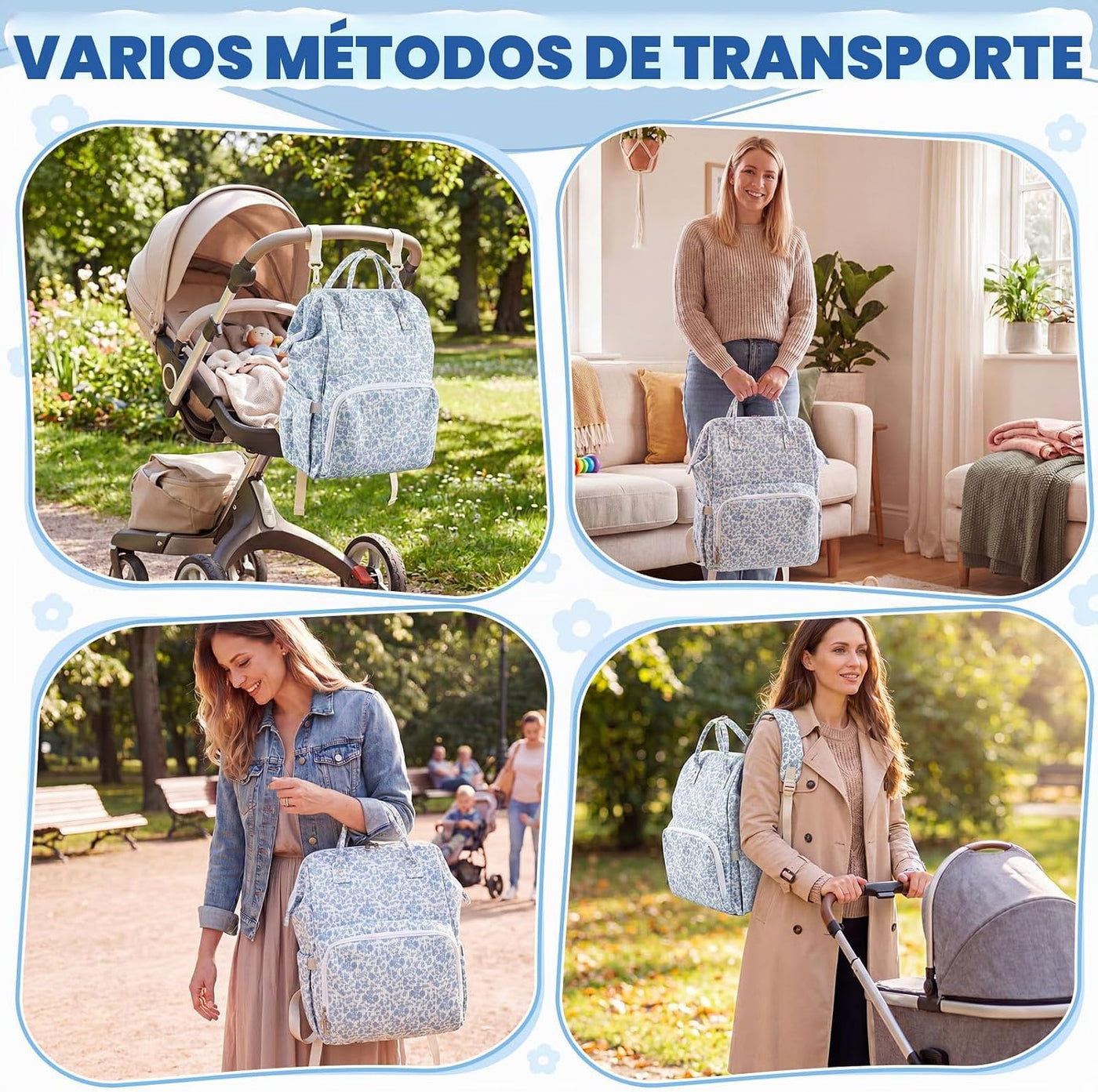 Sunnymove - Mochila para pañales con cambiador, color azul, floral...