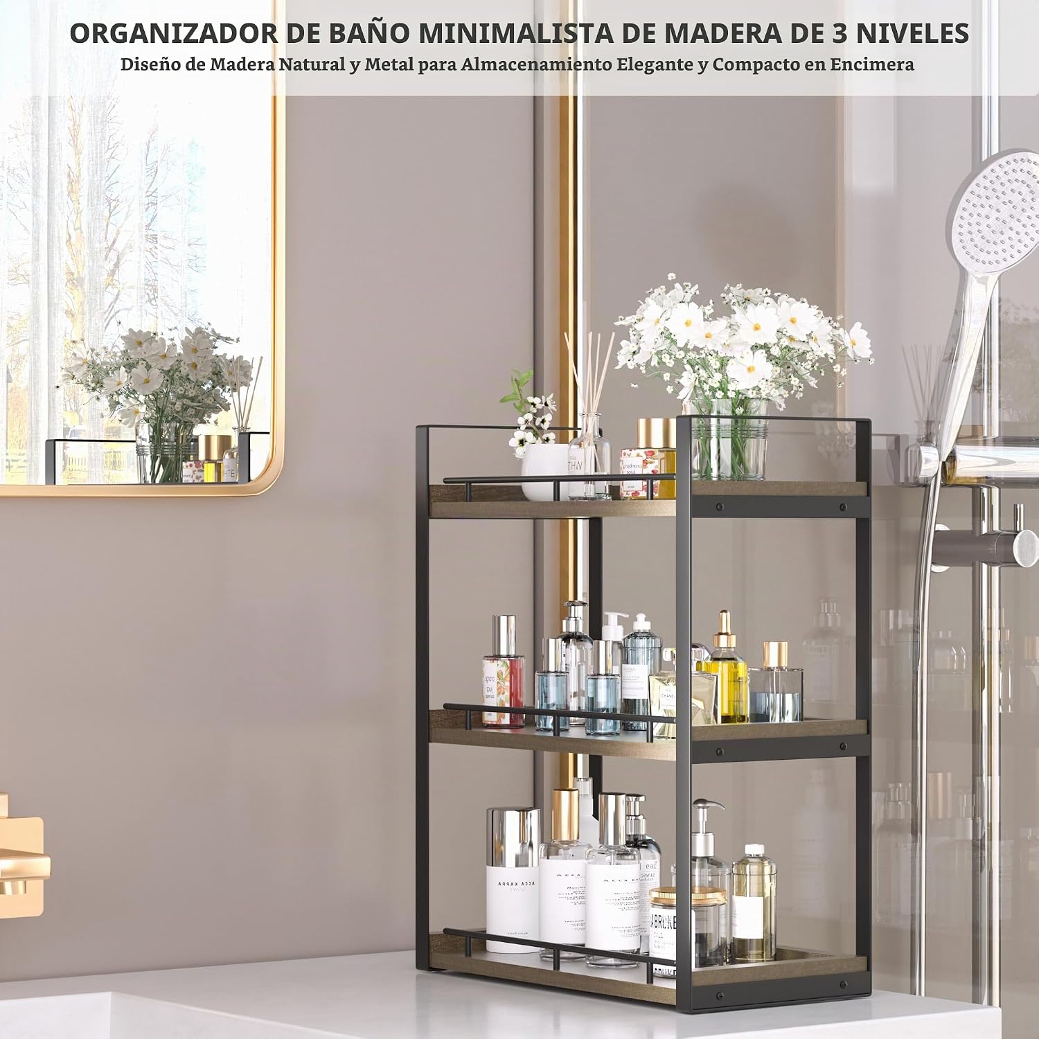 CeleVista Organizador de encimera de baño, estante de madera de 3 n...