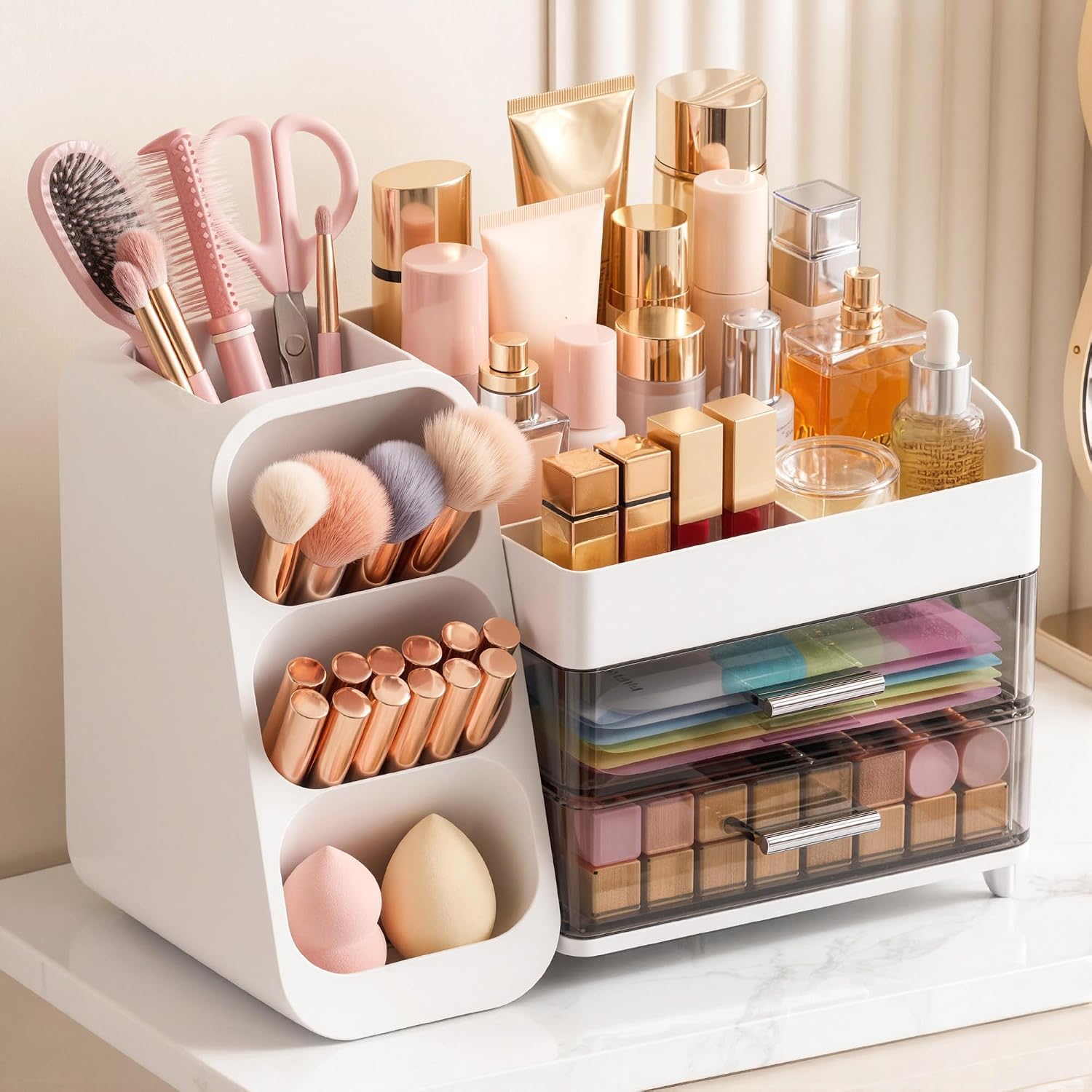 Organizador de maquillaje de gran capacidad con soporte para brocha...