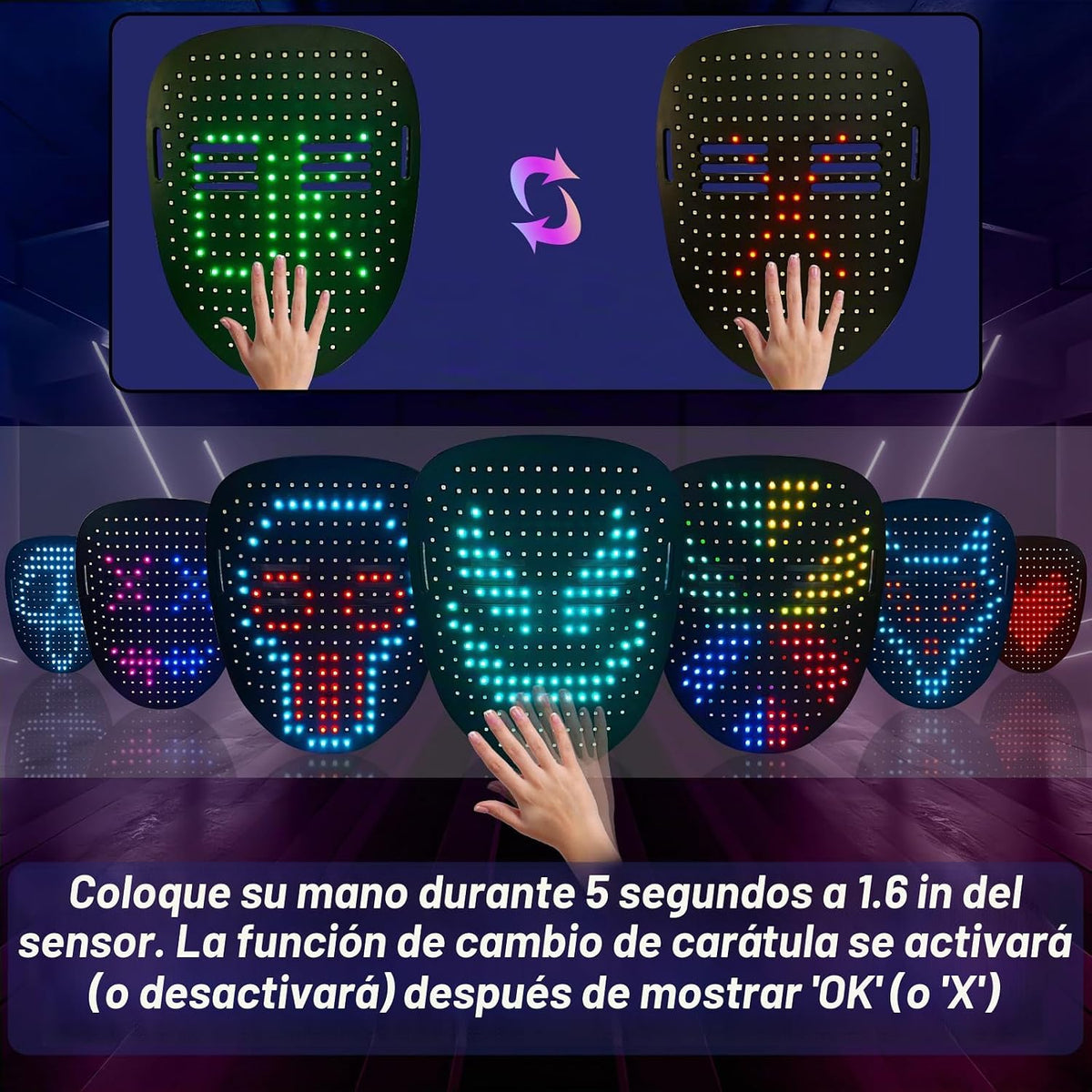 Juego de 3 guantes y cordones de esqueleto con máscara LED con dete...