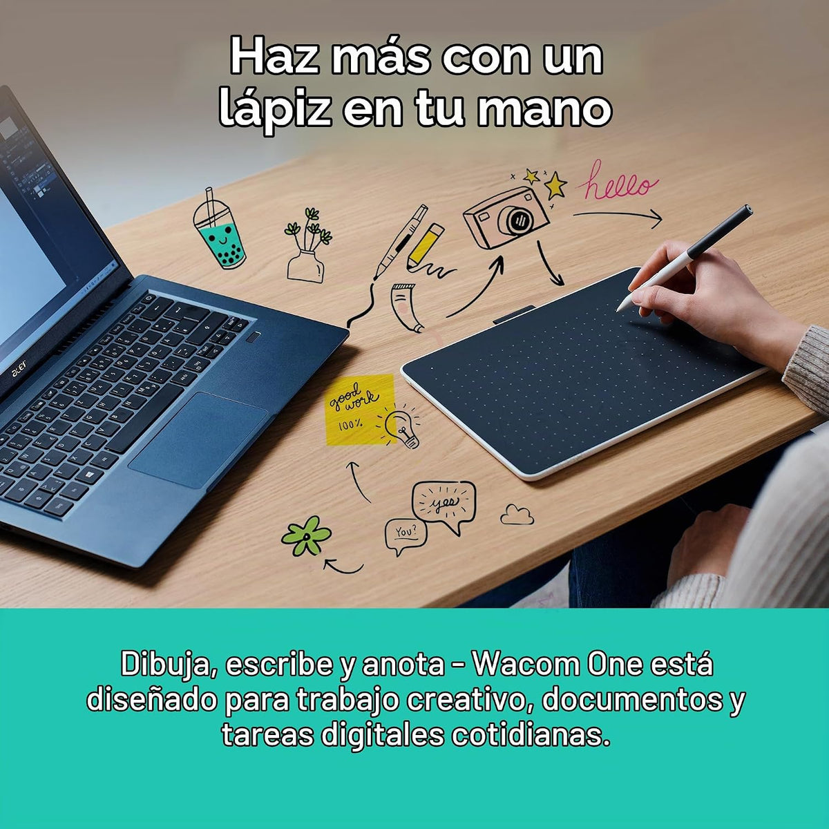 Wacom One, pequeña tableta gráfica de dibujo Bluetooth con lápiz y...