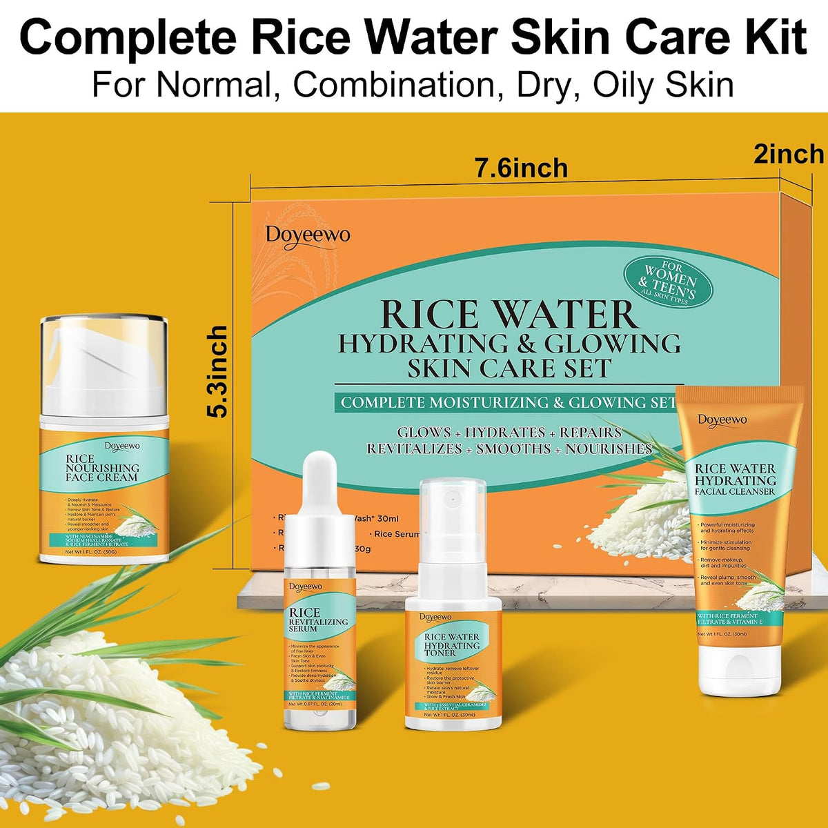 Set para el cuidado de la piel con extracto de arroz coreano para h...