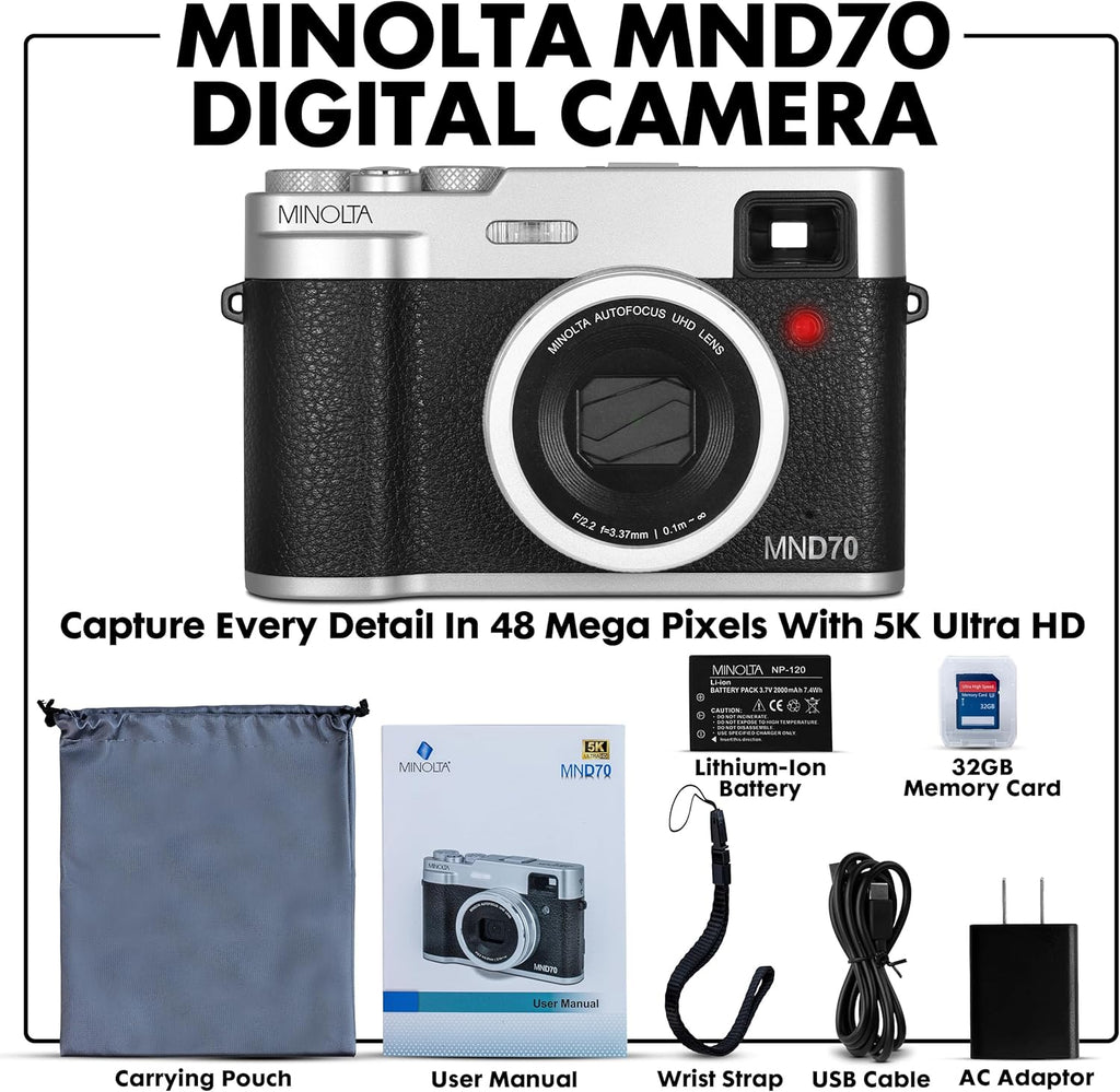 Minolta MND70 Retro Wi-Fi UHD Cámara Digital De Doble Lente - Plata...
