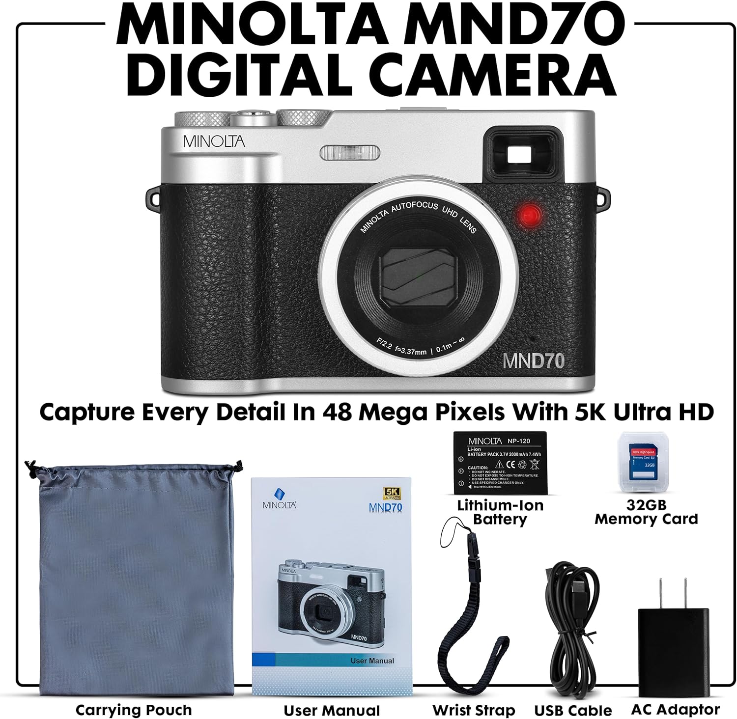 Minolta MND70 Retro Wi-Fi UHD Cámara Digital De Doble Lente - Plata...