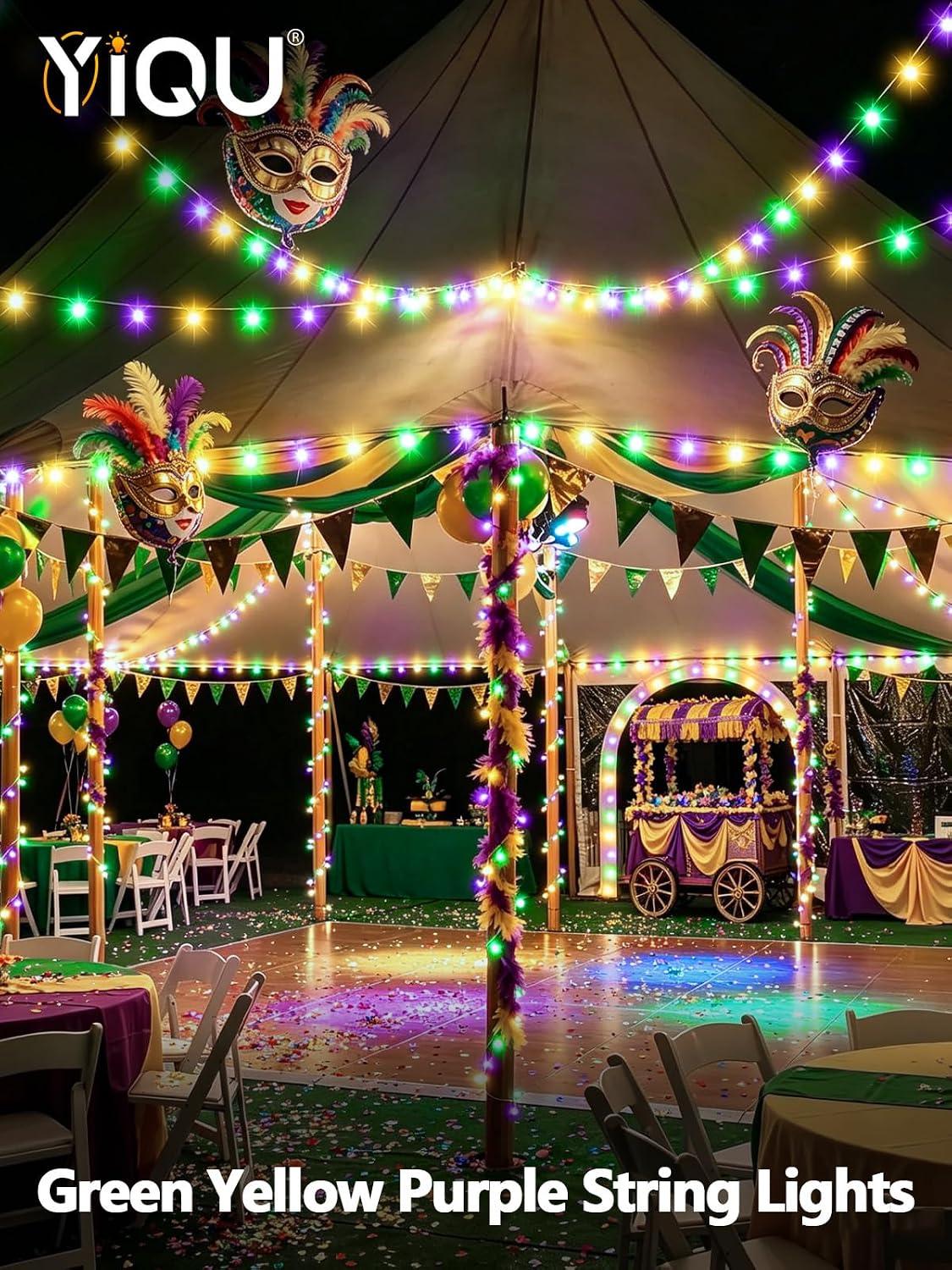 200 luces LED extensibles de Mardi Gras, verdes, amarillas y morada...