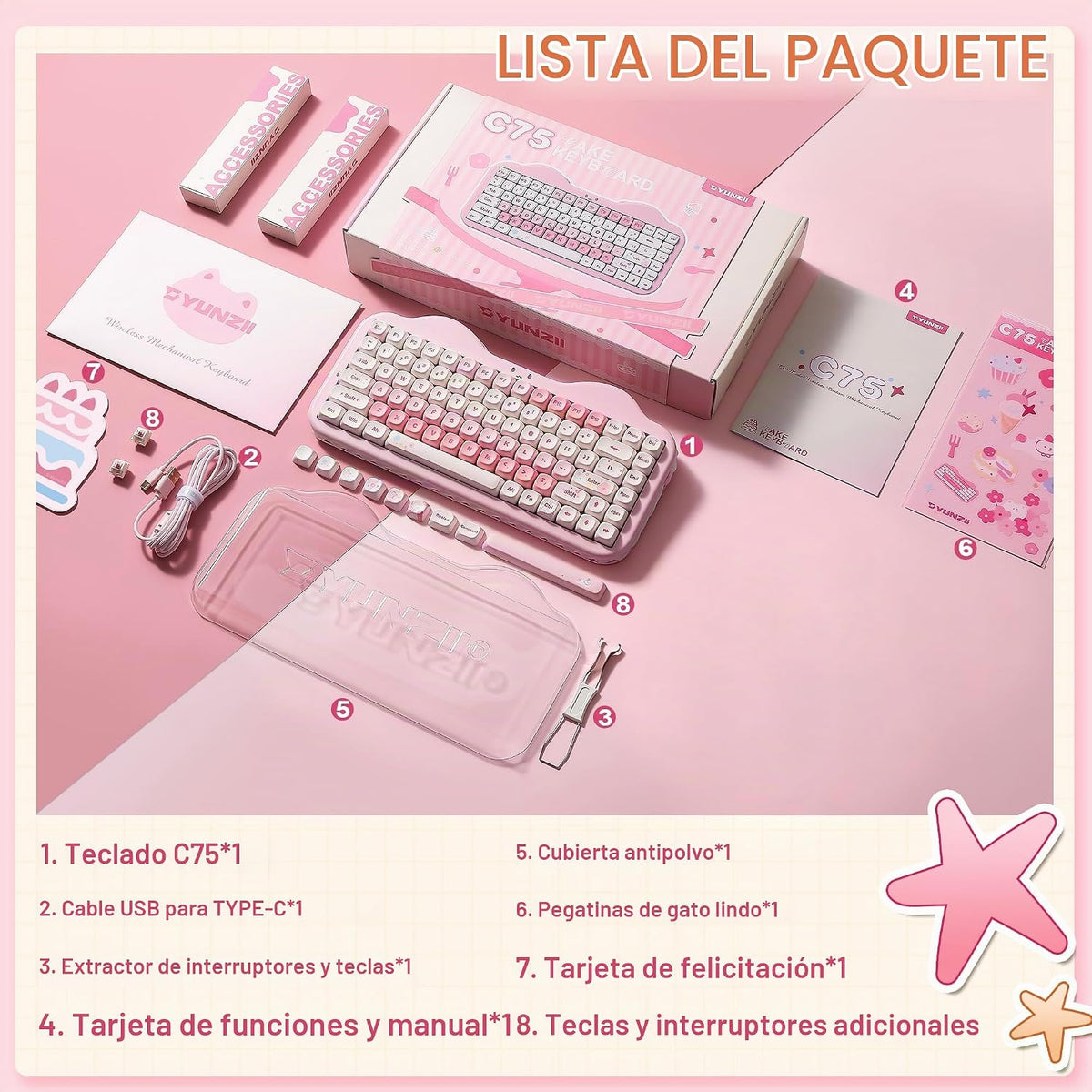 YUNZII Teclado Mecánico Inalámbrico C75, Diseño del 75%, NKRO Inter...