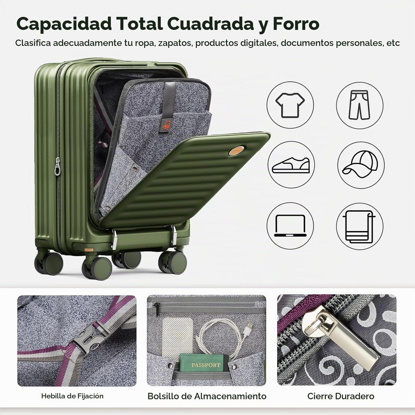 Joyway Juego de equipaje de 5 piezas con bolsillo delantero, Verde...