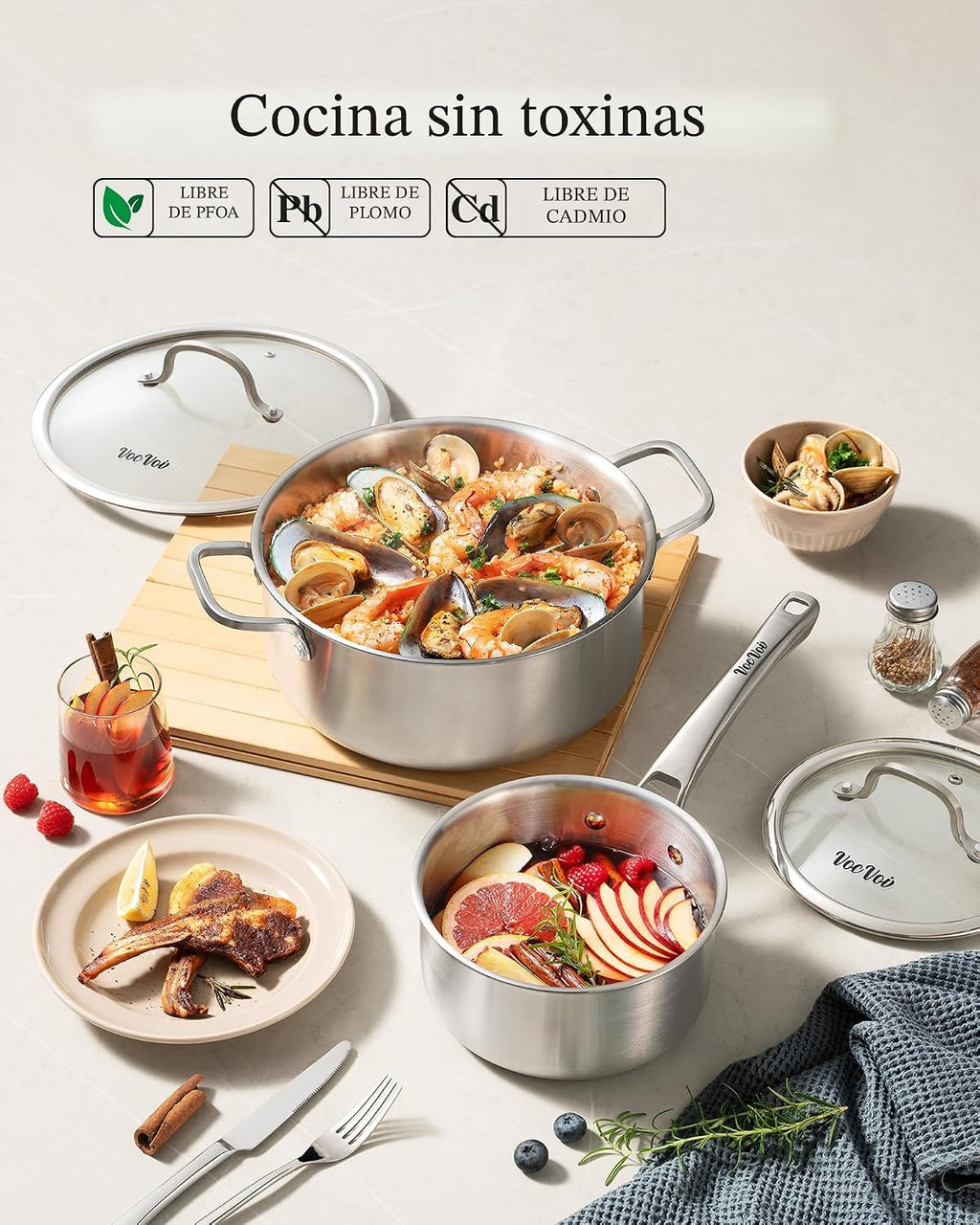Sartenes de acero inoxidable, juego de utensilios de cocina de acer...