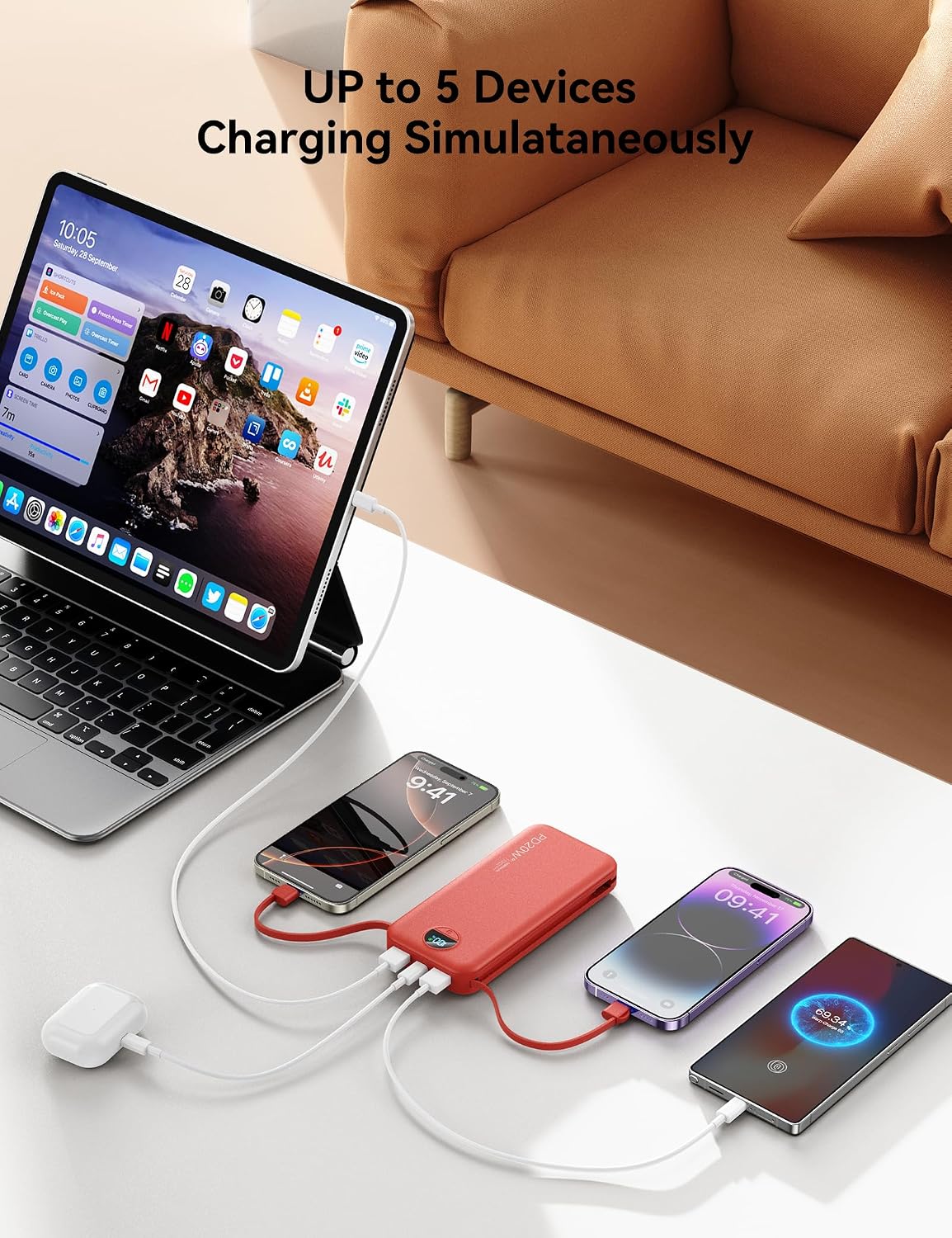 Cargador portátil Power Bank 10000mAh con cables integrados y enchu...