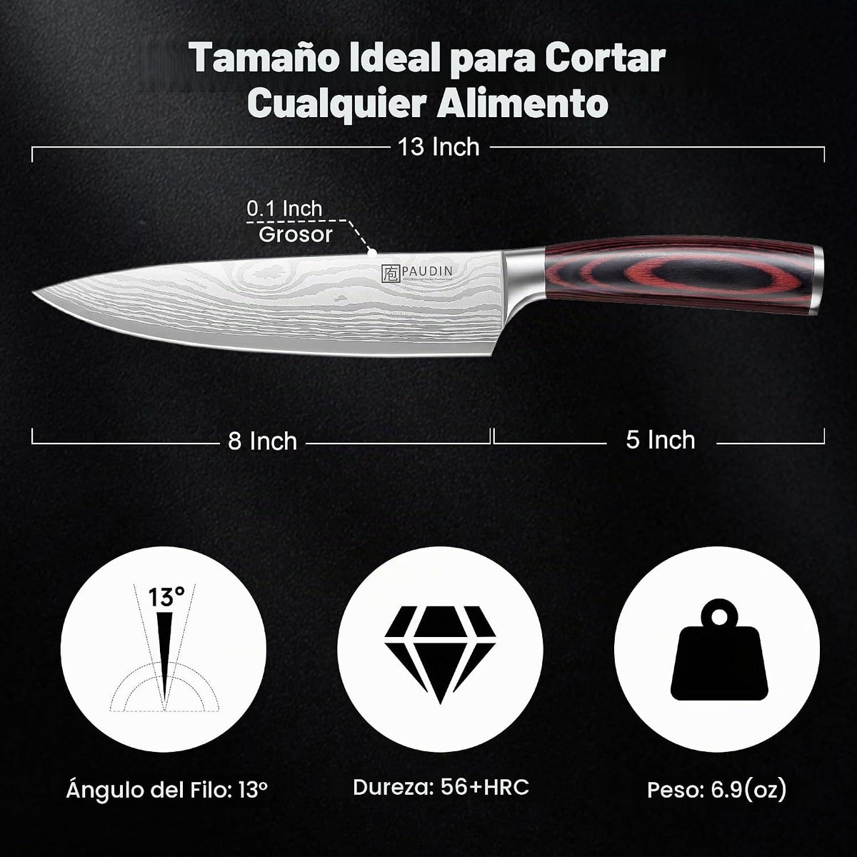 PAUDIN Cuchillo de chef, cuchillo de cocina afilado de acero inoxid...