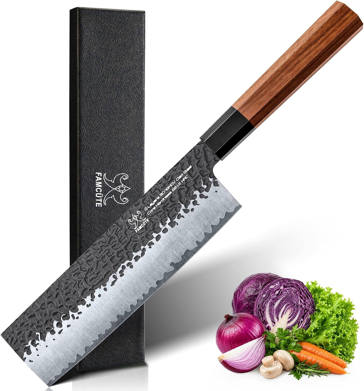 FAMCÜTE Cuchillo japonés Nakiri de 7 pulgadas, cuchillo de cocina d...