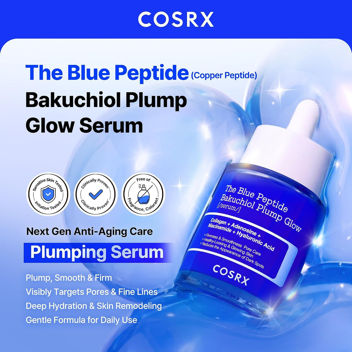 COSRX The Blue Copper Peptide Bakuchiol Suero, resplandor y relleno...