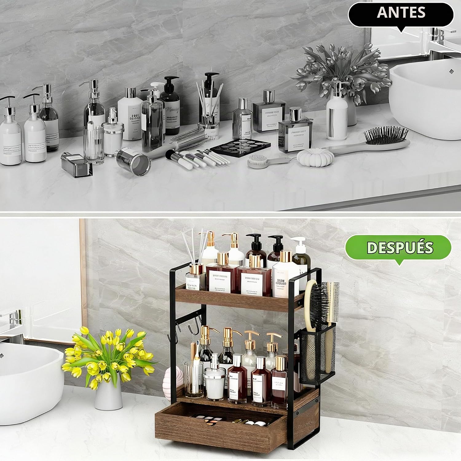 Organizador de mostrador de baño de 2 niveles con cesta de cajón y...