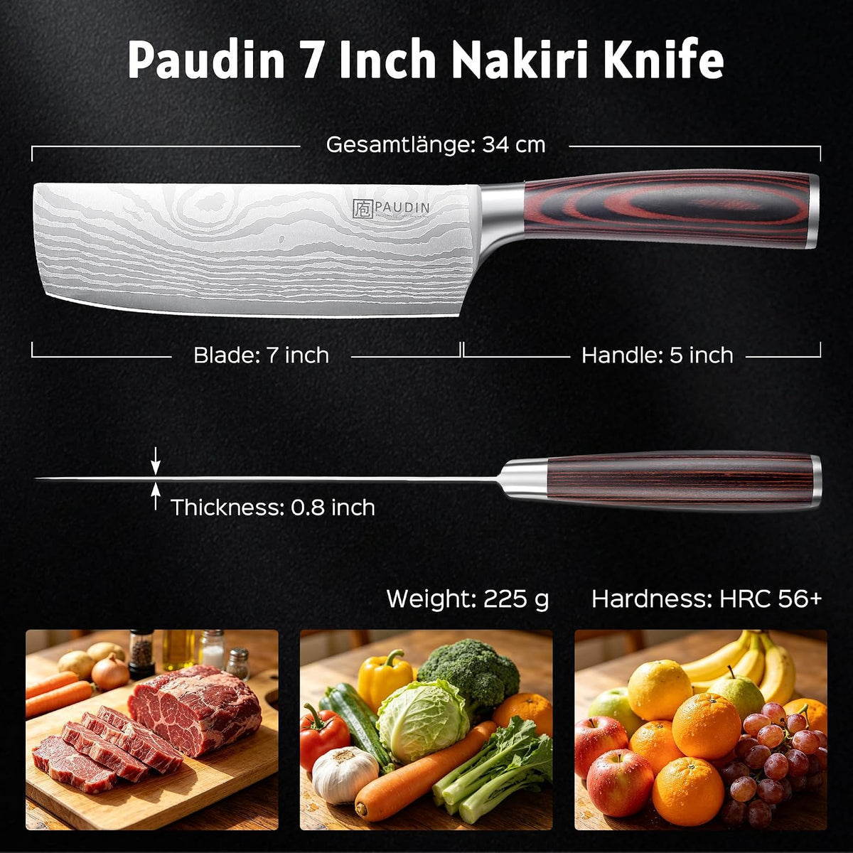 PAUDIN Cuchillo Nakiri - Cuchillo de carnicero de 17,78 cm afilado...