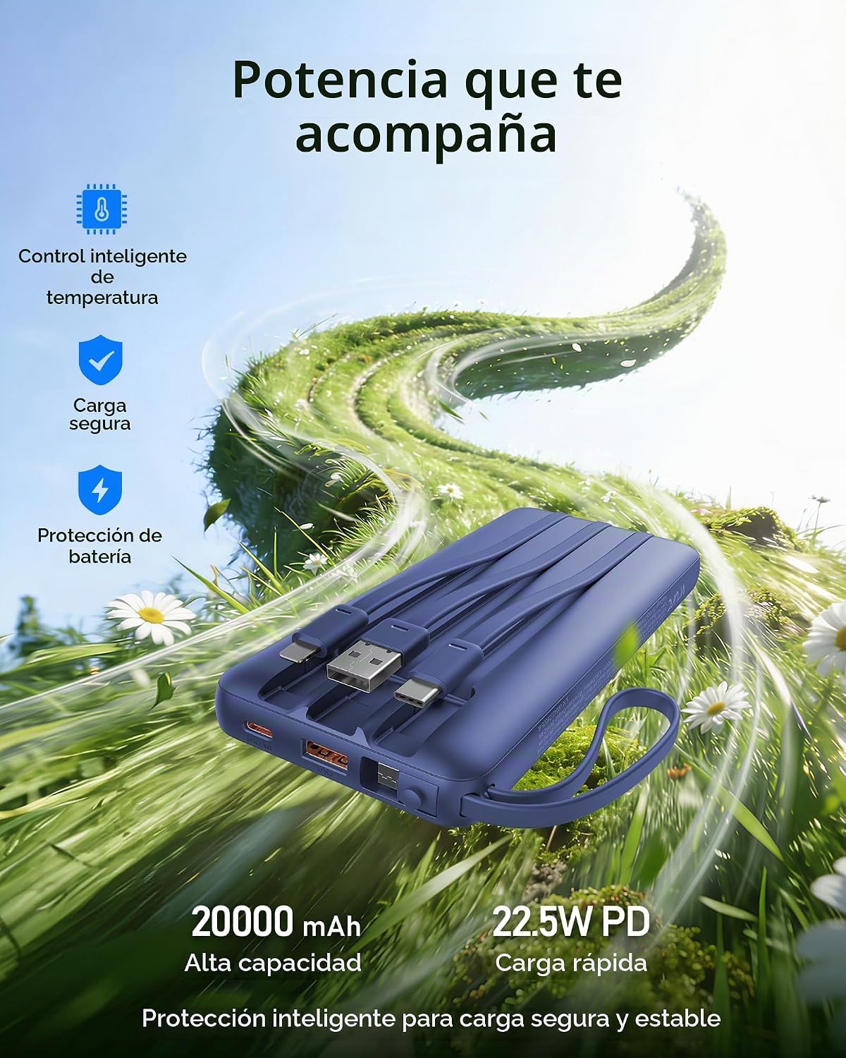 VRURC Cargador portátil 4 cables integrados 20000mAh Banco de energ...