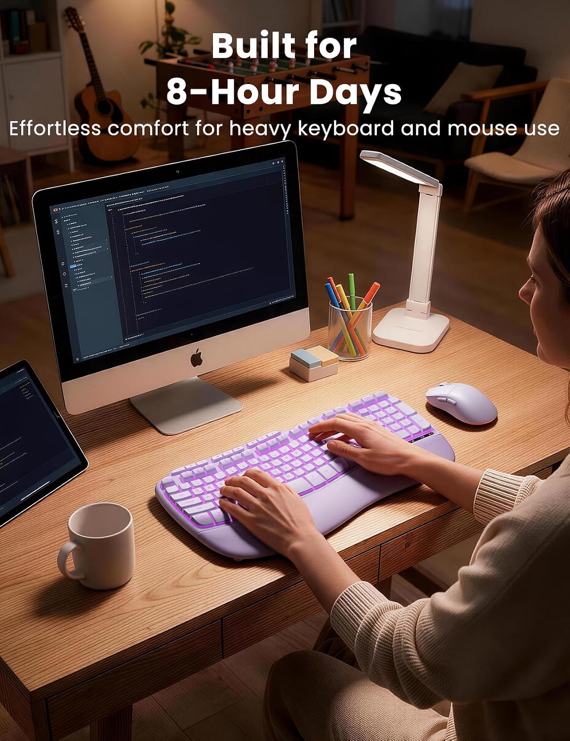 Combo de teclado y mouse inalámbricos ergonómicos morados, teclado...