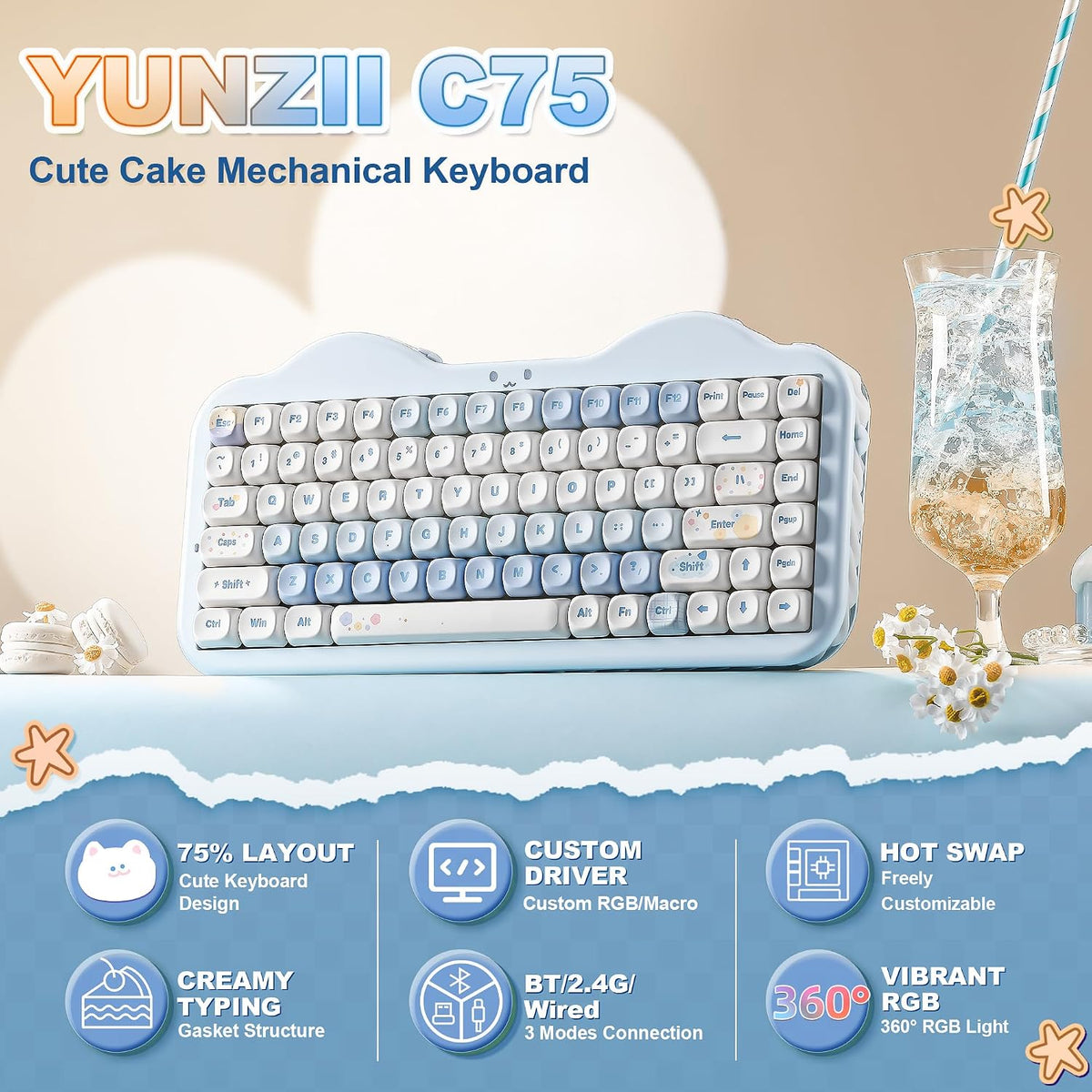 YUNZII Teclado mecánico inalámbrico C75, diseño del 75%, NKRO inter...