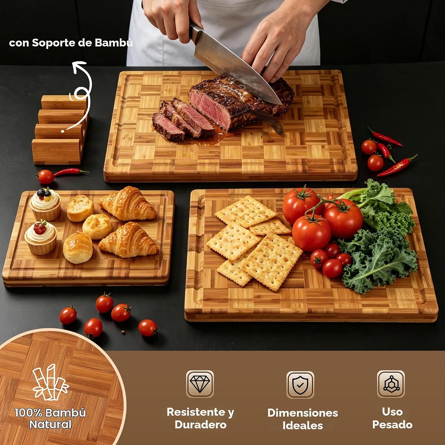 Juego de 3 tablas de cortar de bambú para cocina, madera | Grano fi...