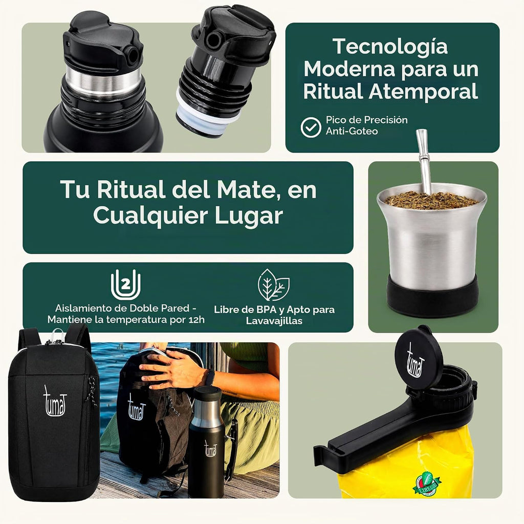 Kit completo de Yerba Mate – Termo de 1.2L con sistema mate, taza, boquilla de clip, pajita (Bombilla) y mochila gratis, juego de acero inoxidable de primera calidad para llevar