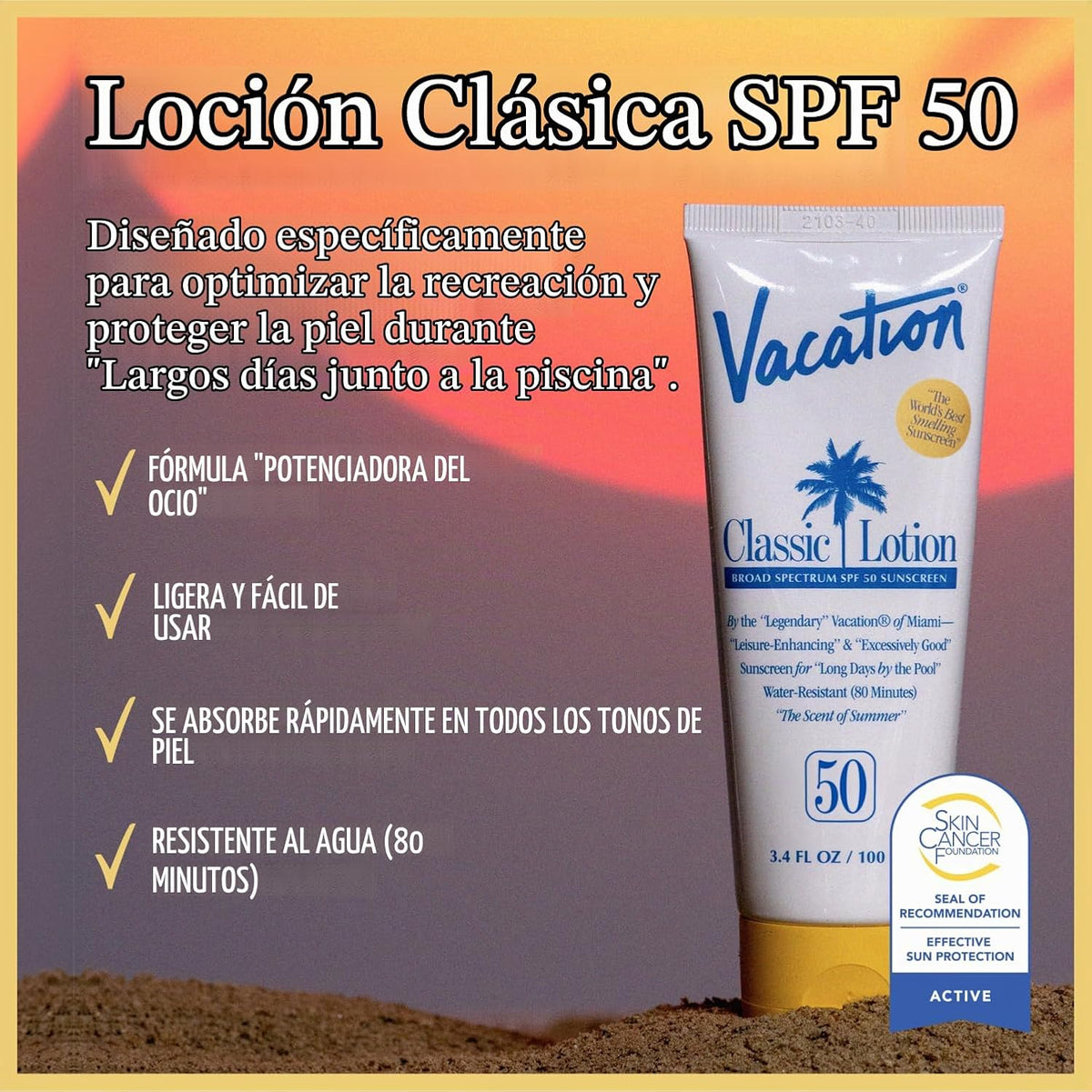 Loción protectora solar Vacation Classic SPF 50, 3.4 onzas líquidas...