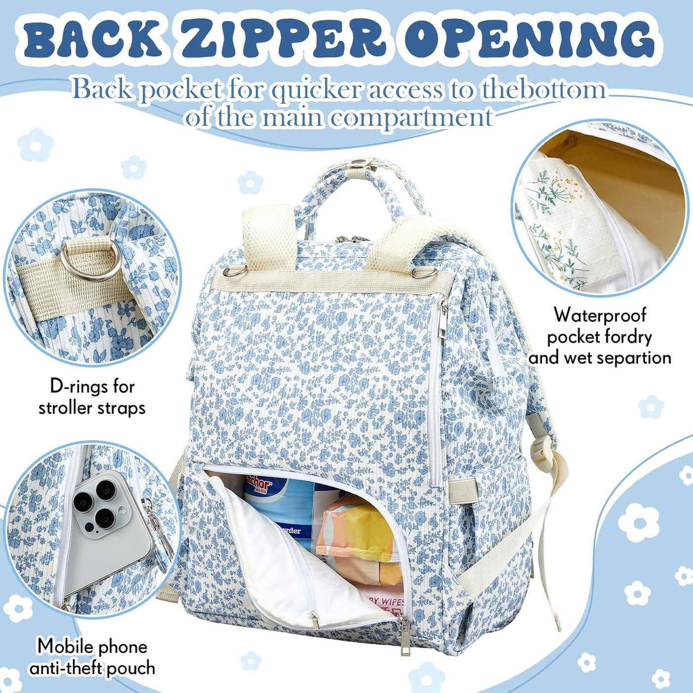 Sunnymove - Mochila para pañales con cambiador, color azul, floral...
