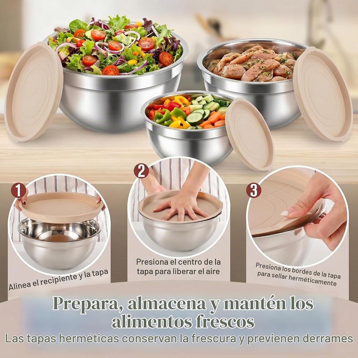 YUNNKEEY - Tazones para mezclar de acero inoxidable con tapas, jueg...