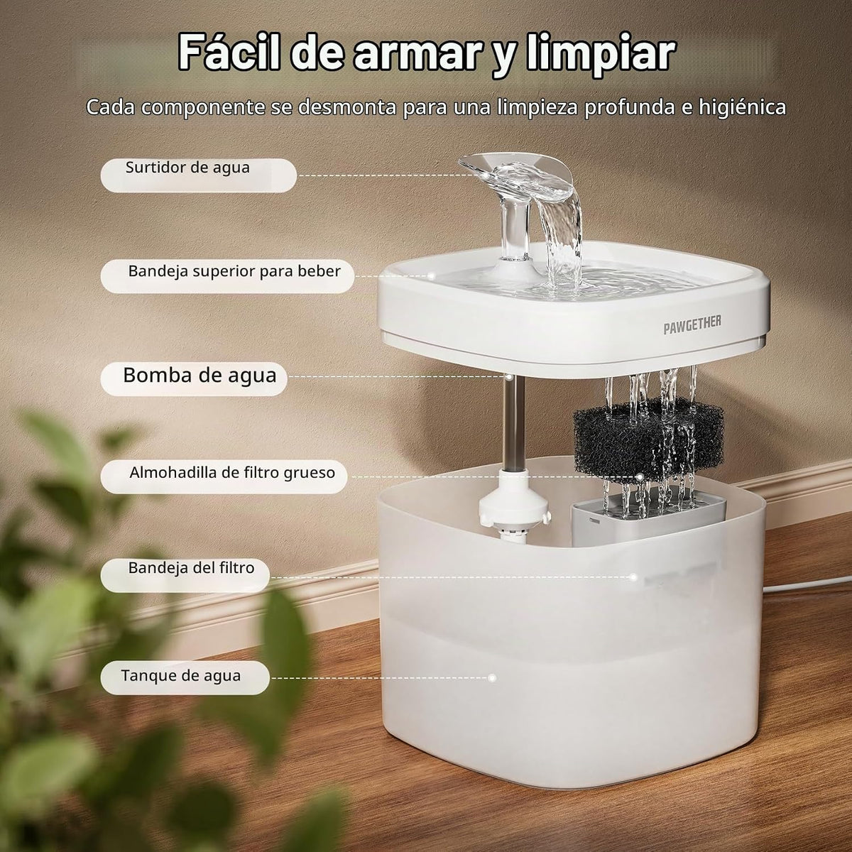 PAWGETHER® Fuente de agua para gatos con bomba inalámbrica de 51 oz...