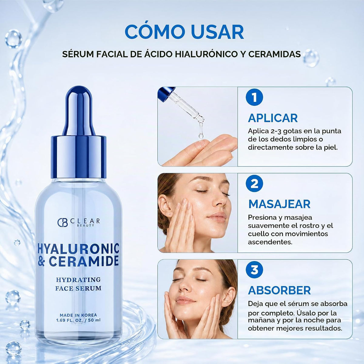 Clear Beauty Suero de ceramida y ácido hialurónico para cara, derma...