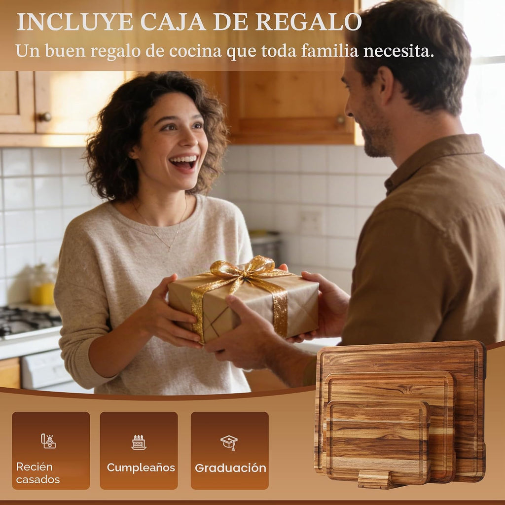 Juego de 3 tablas de cortar de teca para cocina, tabla de madera pa...