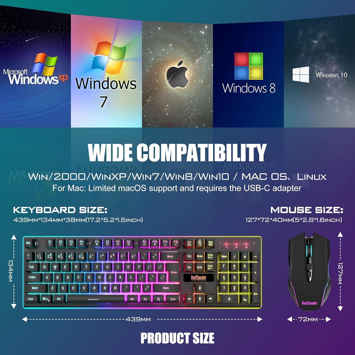 RedThunder K10 Combo de teclado y mouse inalámbricos para juegos, b...