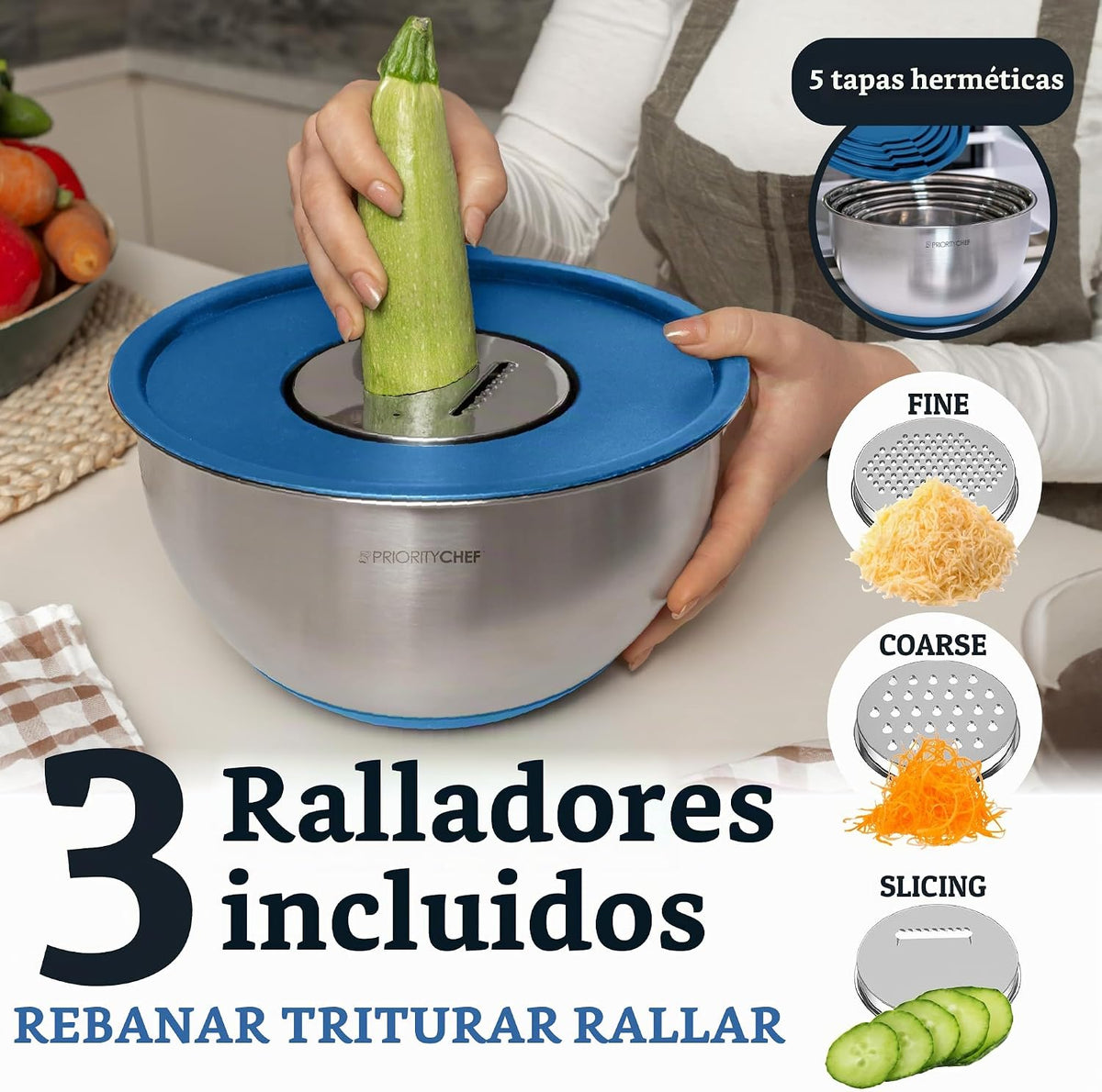 Priority Chef - Juego de cuencos de acero inoxidable con tapas, 3 a...