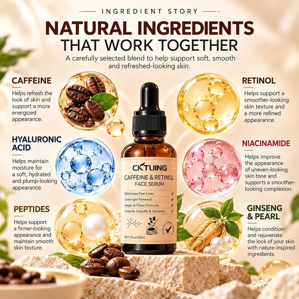 Suero facial de cafeína y retinol con ácido hialurónico, niacinamid...