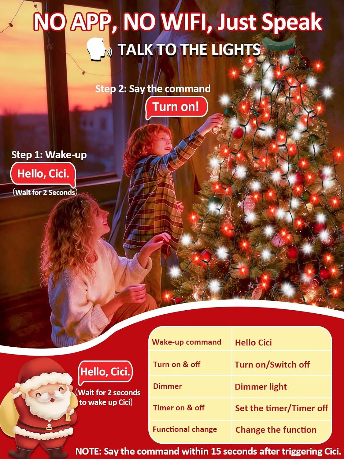Luces para árbol de Navidad a prueba de agua con control por voz y...