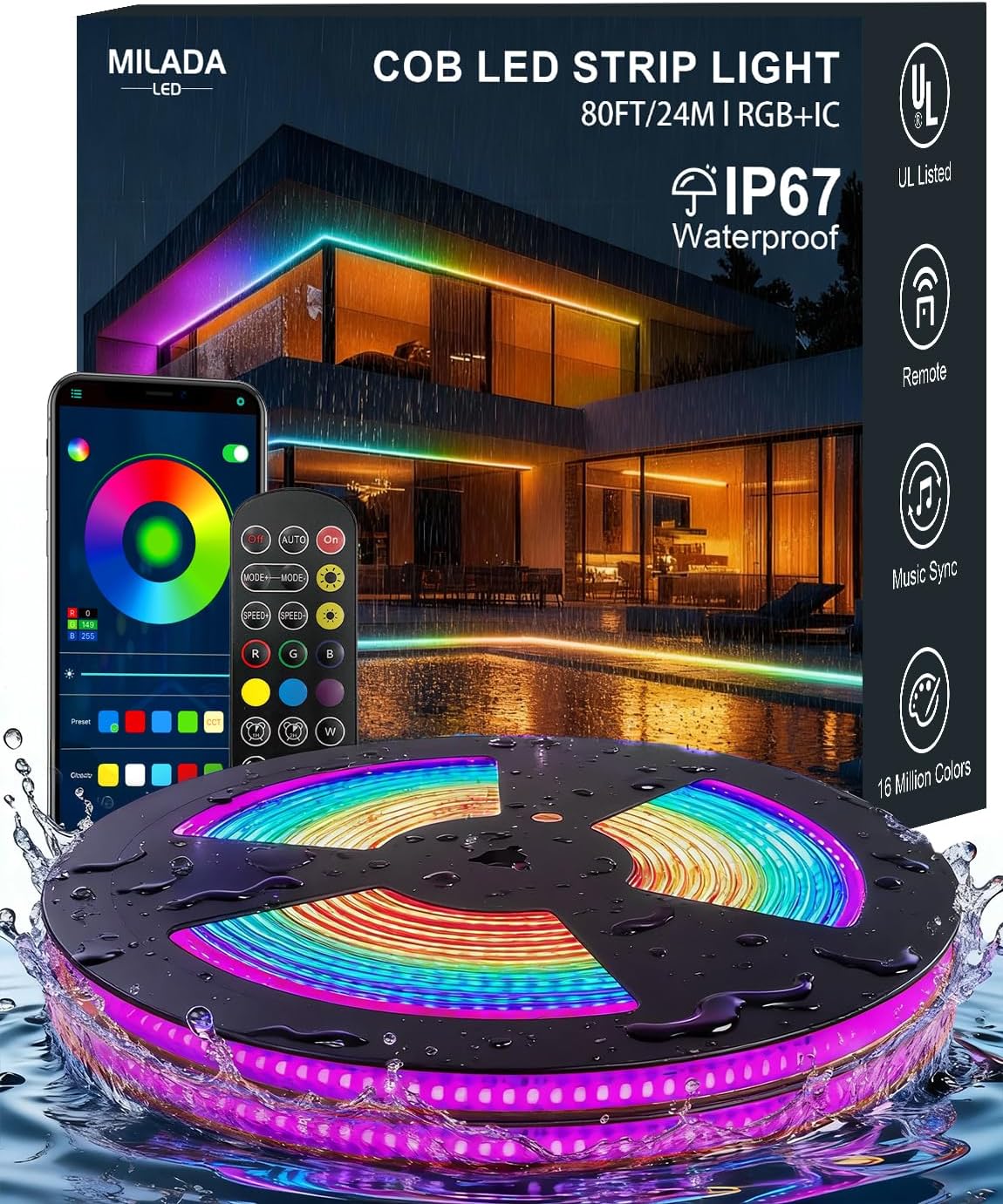 Tira de luces LED COB de 80 pies para exteriores, Smart RGB IC IP67...