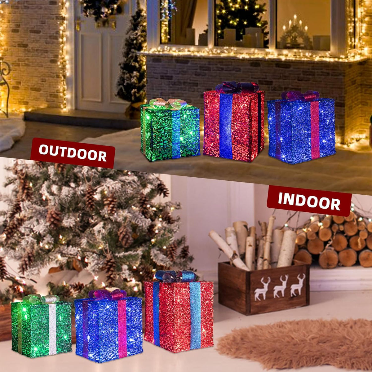 PEIDUO Cajas de regalo iluminadas de Navidad, juego de 3, decoracio...