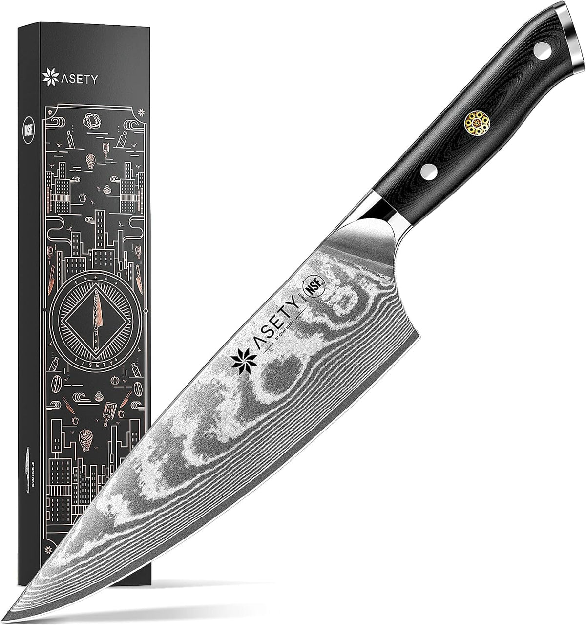 ASETY Cuchillo de chef de Damasco de 8 pulgadas, cuchillo japonés c...