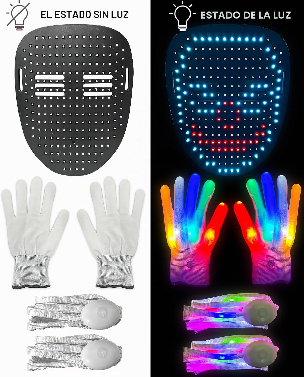 Juego de 3 guantes y cordones de esqueleto con máscara LED con dete...