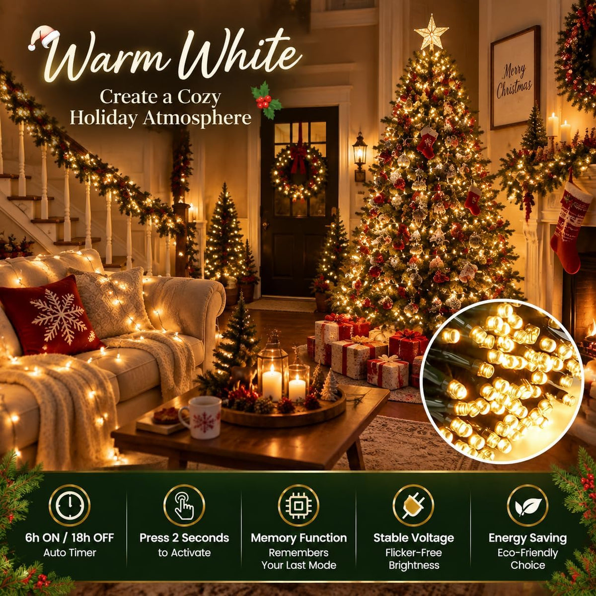Cadena de luces de Navidad conectables de 42 pies con 100 luces LED...